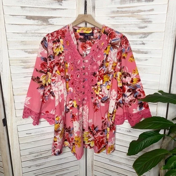 ROAMAN'S Juliet Lace Bigshirt Long Shirt Blouse Multicolor Floral Print Pink 12W - Picture 10 of 10